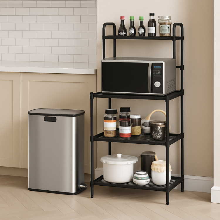 4-tier kitchen microwave storage rack with slim trash can, featuring sturdy iron frame and open-wire shelves for.