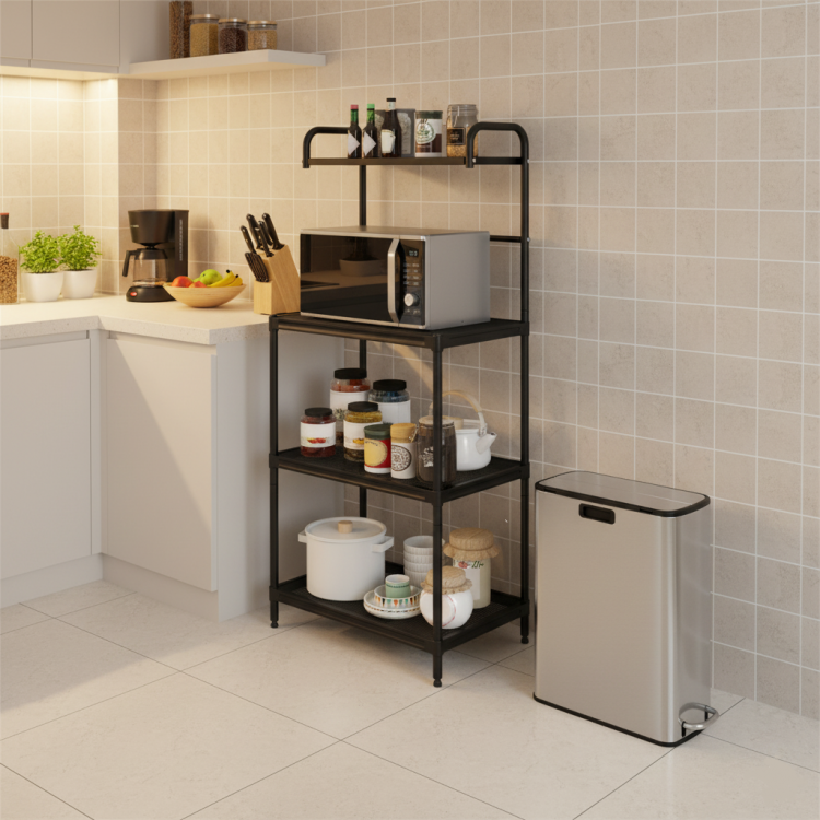 4-tier kitchen microwave storage rack with stainless steel trash can, ideal for maximizing kitchen space and.
