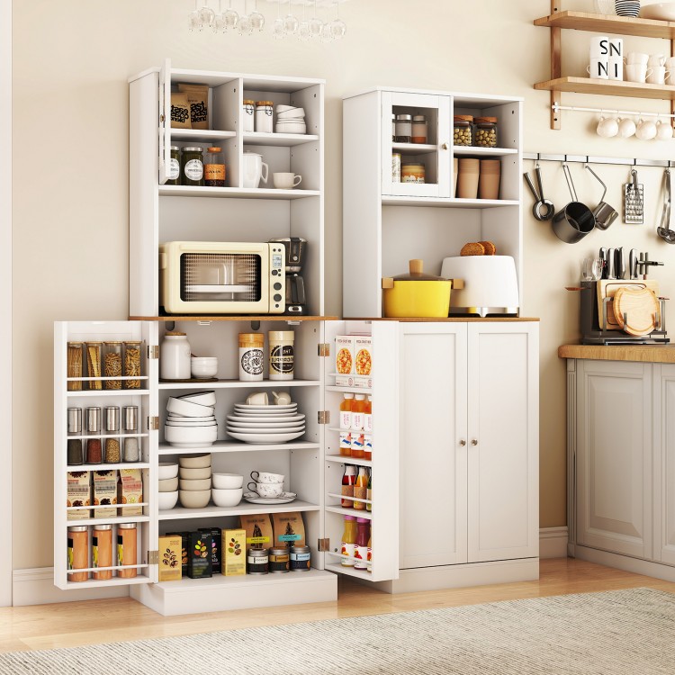 Freestanding 67-inch white kitchen pantry cabinet with microwave shelf, adjustable shelves, and tempered glass doors.
