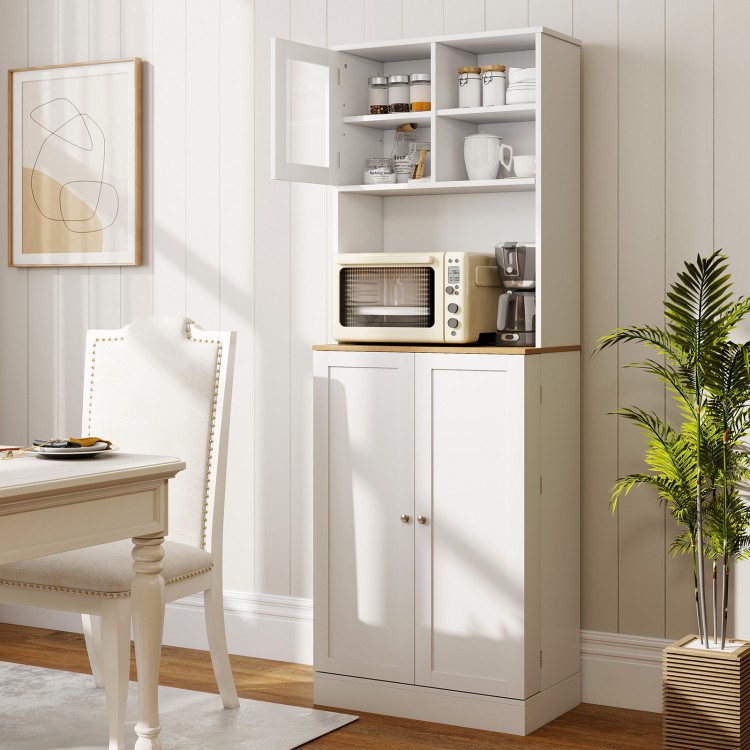 Freestanding white kitchen pantry cabinet with microwave shelf and adjustable shelves for organized storage.