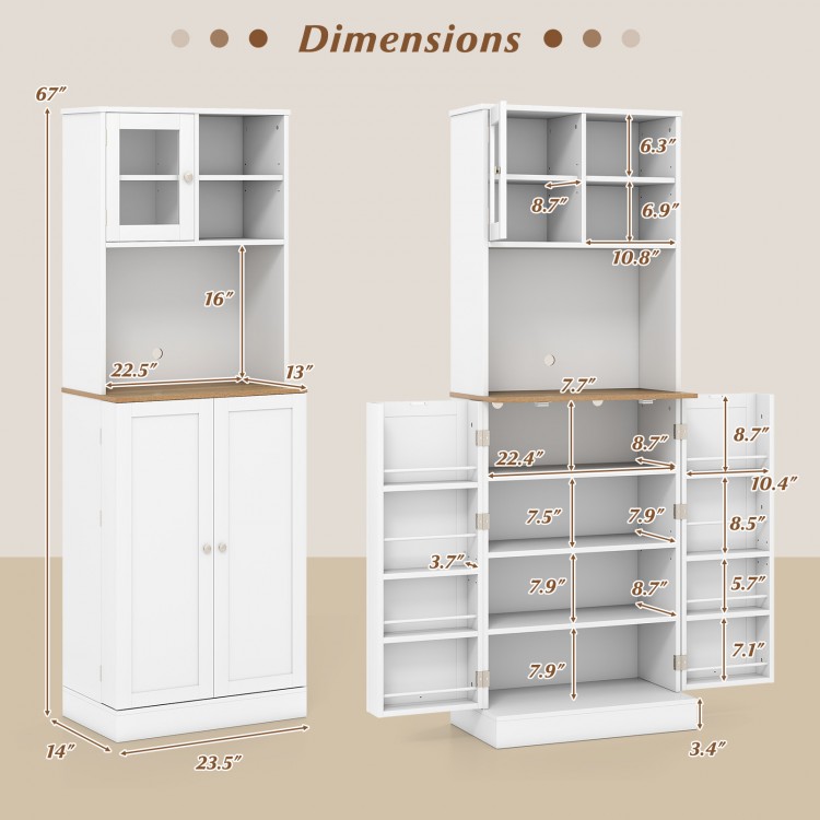 Dimensions of the white Kitchen Pantry Cabinet with microwave shelf, featuring adjustable shelves and elegant glass.