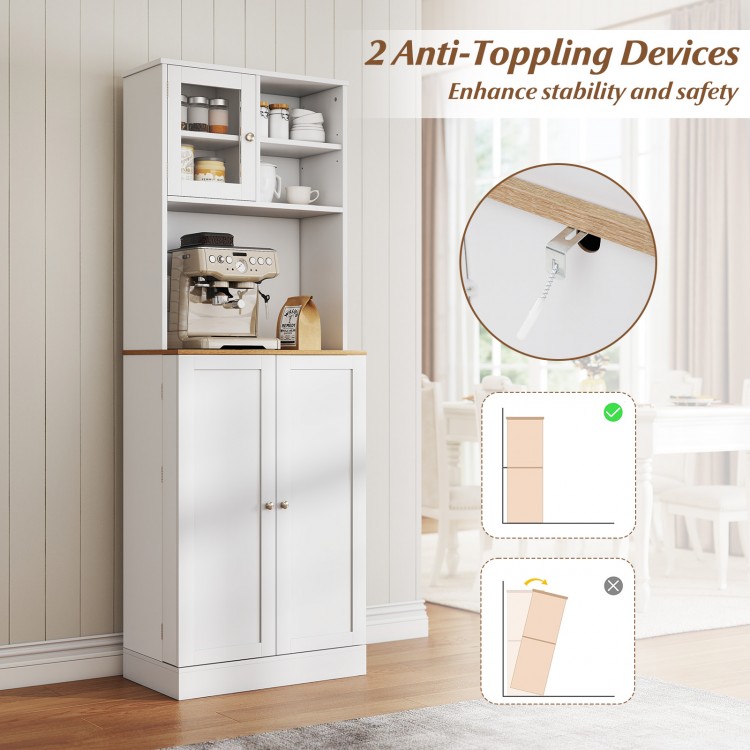 Freestanding 67-inch white kitchen pantry cabinet with microwave shelf and adjustable shelves for organized storage.
