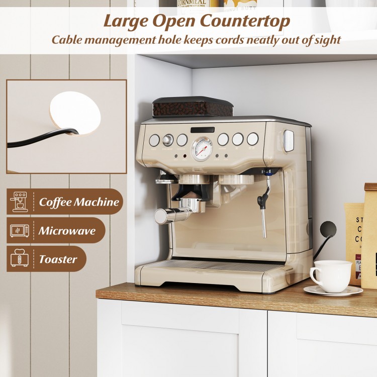 Kitchen pantry cabinet with microwave shelf, large storage, and cable management hole for organized kitchen space.