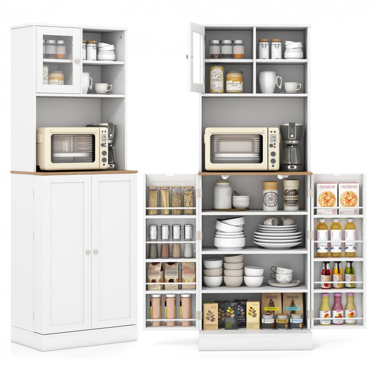 Freestanding white kitchen pantry cabinet with microwave shelf, adjustable shelves, and tempered glass doors for.