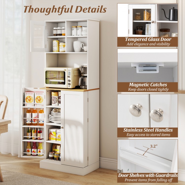 Freestanding white kitchen pantry cabinet with tempered glass door, adjustable shelves, and integrated microwave shelf.
