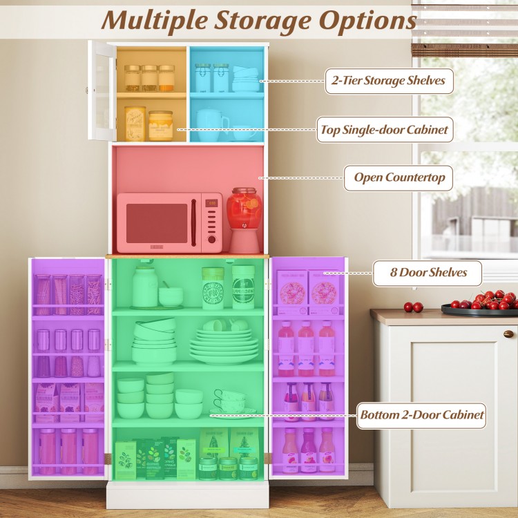 Freestanding tall kitchen pantry cabinet with microwave shelf, 5 adjustable shelves, and 8 door shelves for organized.