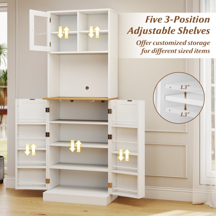 Freestanding white kitchen pantry cabinet with five adjustable shelves and integrated microwave shelf for organized.