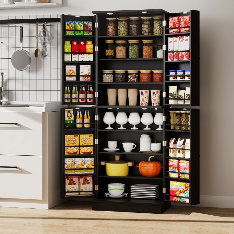 Freestanding black kitchen pantry cabinet with 8 compartments, adjustable shelves, and stainless steel handles for.