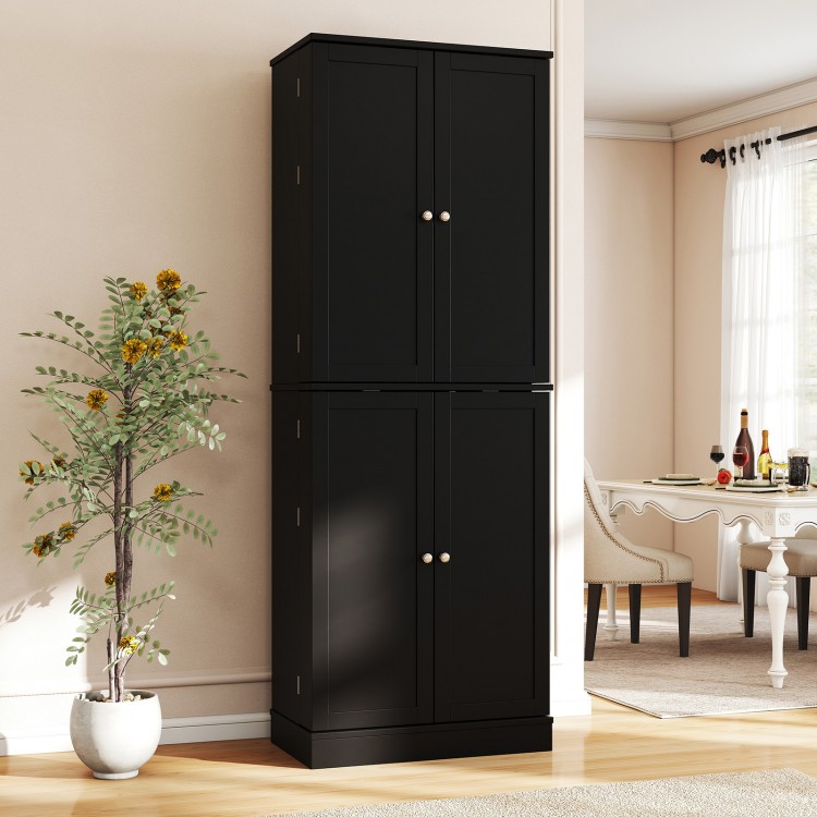 Freestanding black kitchen pantry cabinet with 8 compartments and stainless steel handles for versatile storage.