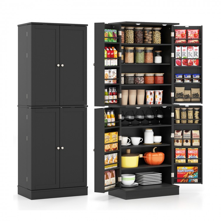 Freestanding black kitchen pantry cabinet with 8 compartments, 16 door shelves, and adjustable shelves for versatile.