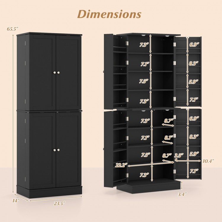 Dimensions of the black Kitchen Pantry Cabinet with 8 compartments and adjustable shelves for flexible storage options.