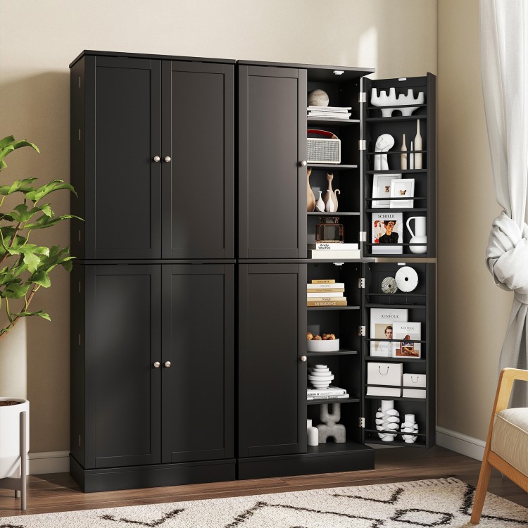 Black kitchen pantry cabinet featuring 6 adjustable shelves, magnetic catches, and a modern design for versatile.