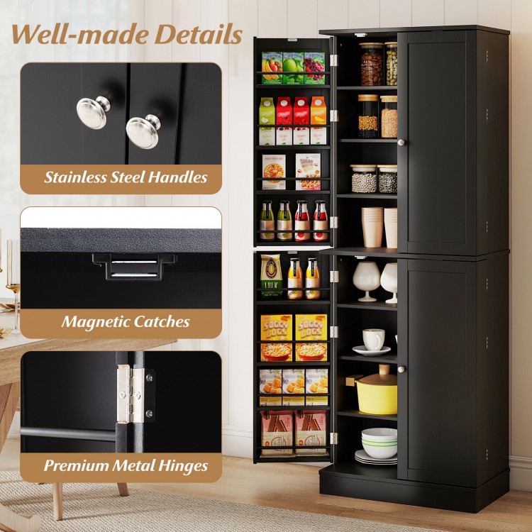 Freestanding black kitchen pantry cabinet with 8 compartments, stainless steel handles, and adjustable shelves for.