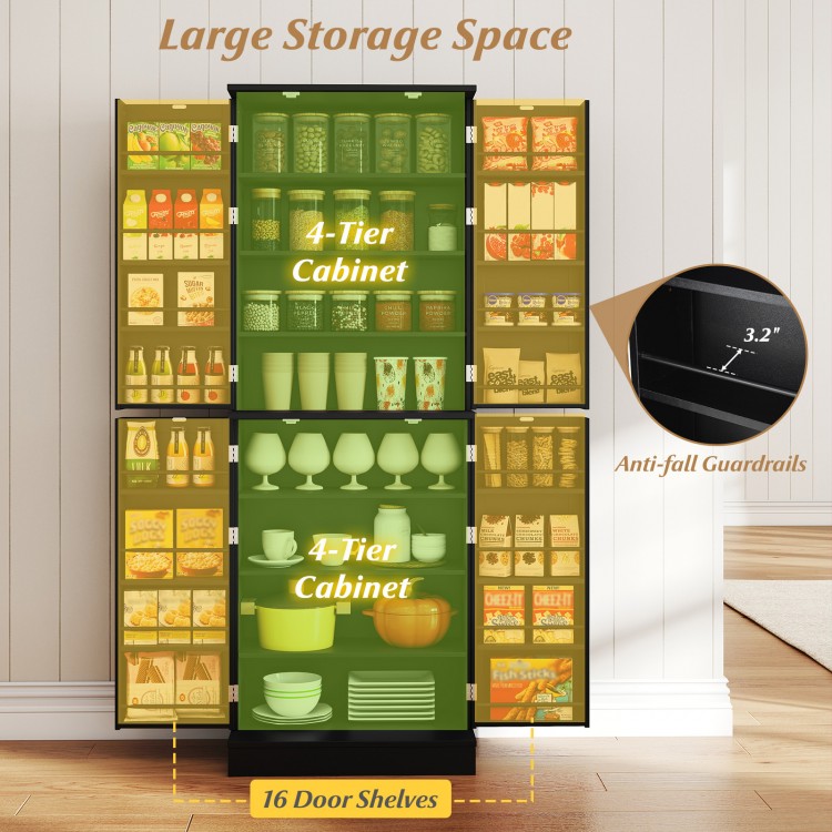Freestanding black kitchen pantry cabinet with 8 compartments, 16 door shelves, and adjustable shelves for flexible.