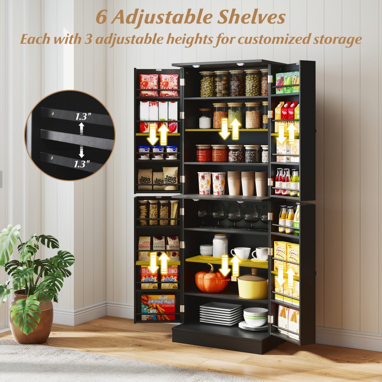 Freestanding black kitchen pantry cabinet with 6 adjustable shelves and 8 compartments for flexible storage solutions.