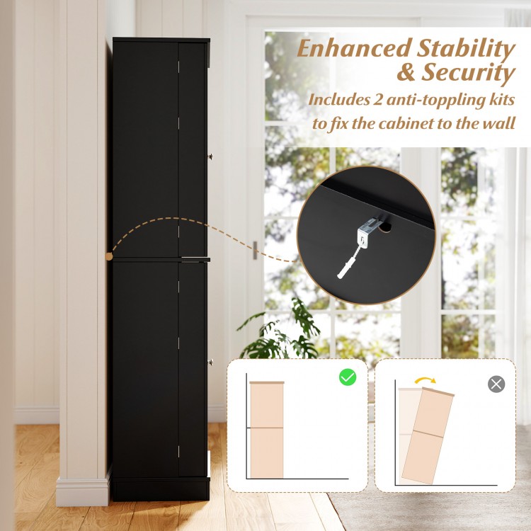 Freestanding black kitchen pantry cabinet with 8 compartments, 16 door shelves, and anti-toppling kits for stability.