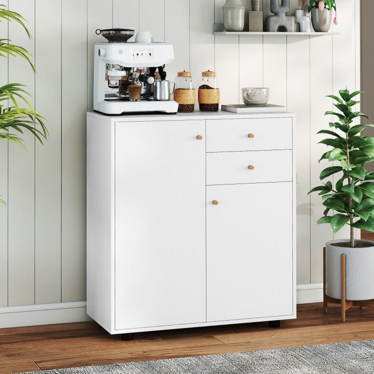 White kitchen sideboard buffet cabinet showcasing practical countertop for coffee bar setup, with 2 drawers and 2 doors.