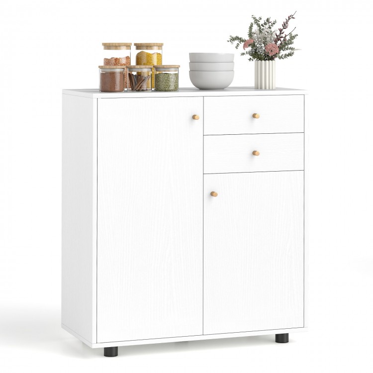 White kitchen sideboard buffet cabinet with 2 drawers, 2 doors, and 3 adjustable shelves for versatile storage.