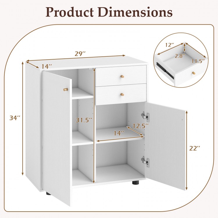 Dimensions of the white Kitchen Sideboard Buffet Cabinet with 2 drawers, 2 doors, and 3 adjustable shelves for.