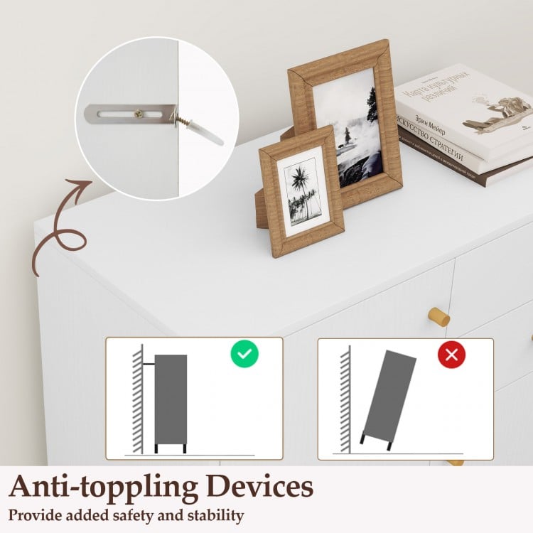 Anti-toppling device detail for Kitchen Sideboard Buffet Cabinet, enhancing safety and stability in white finish.