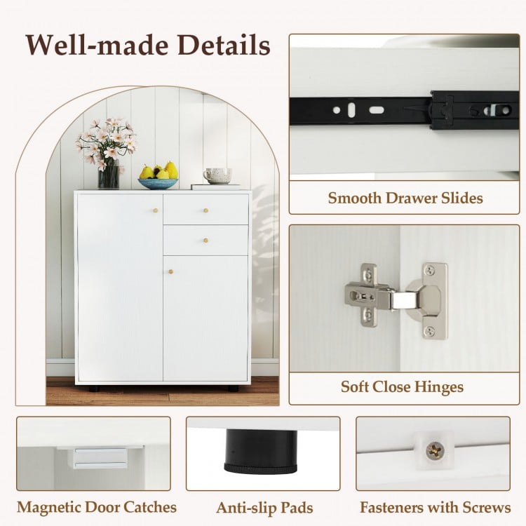 Close-up of the Kitchen Sideboard Buffet Cabinet features, showcasing smooth drawer slides and soft close hinges.