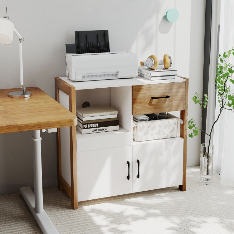 Kitchen storage cabinet in white with pull-out shelf, drawer, and 2 doors, ideal for organizing kitchen or living.