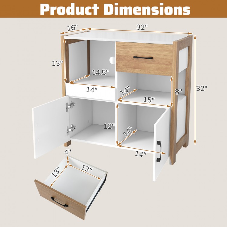 Kitchen storage cabinet dimensions with pull-out shelf, drawer, and two doors for organized access in modern farmhouse.