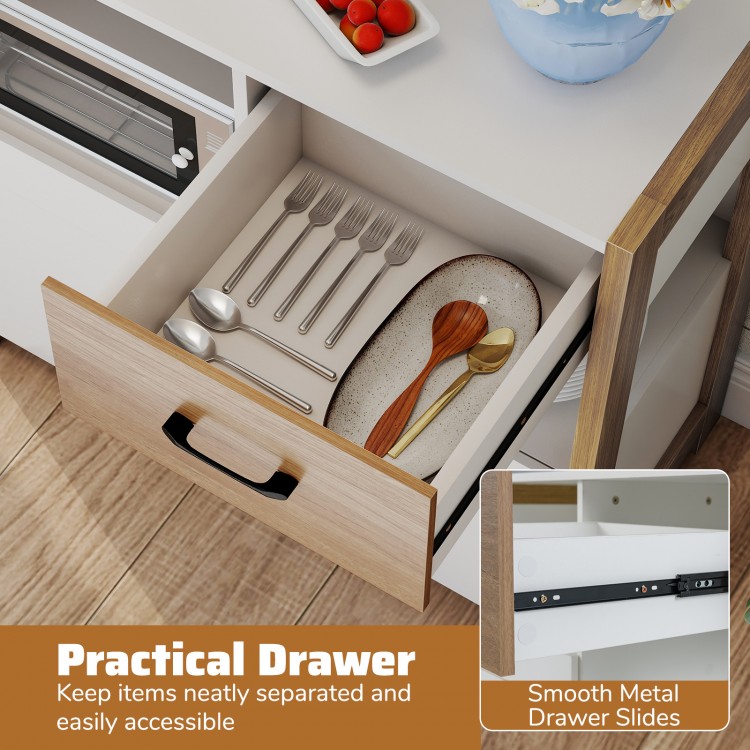 Practical drawer of a white kitchen storage cabinet with metal slides, showcasing organized utensils for easy access.