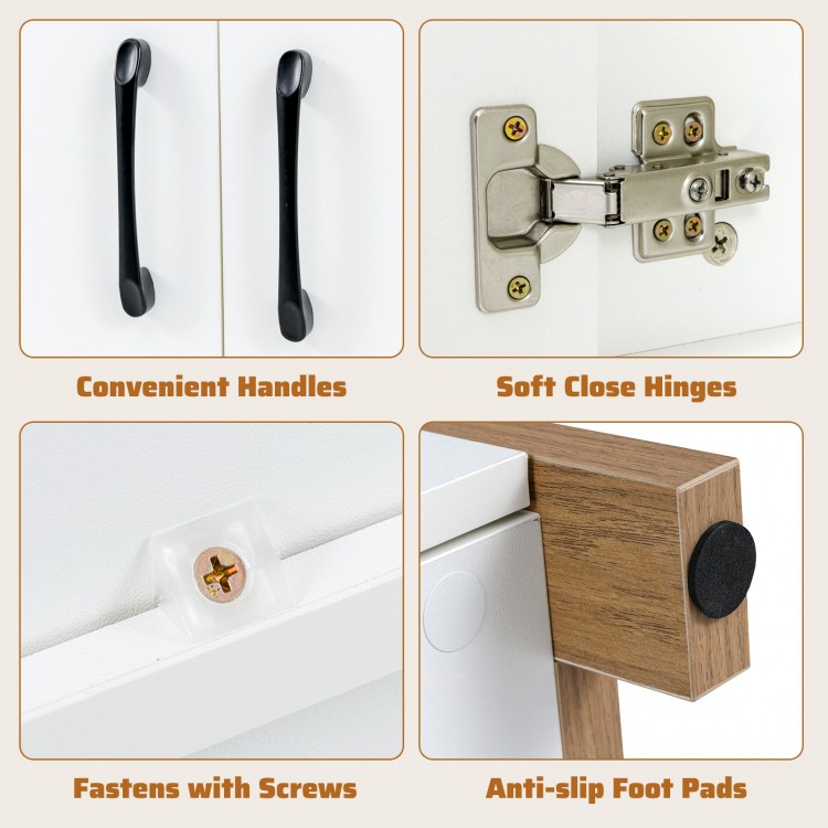 Convenient handles and soft close hinges on the white kitchen storage cabinet with pull-out shelf for easy access.