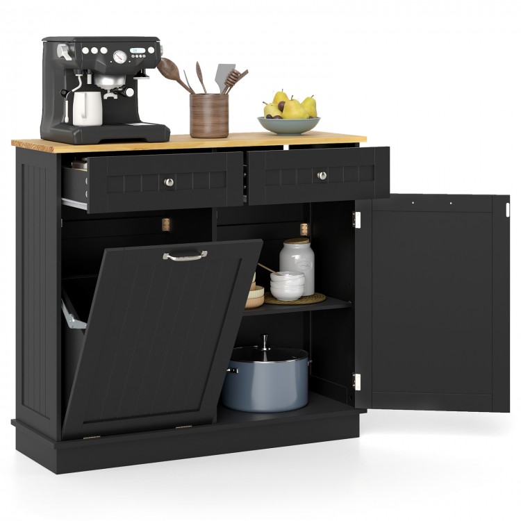 Kitchen tilt-out trash cabinet in black with two drawers, adjustable shelf, and spacious countertop for food.