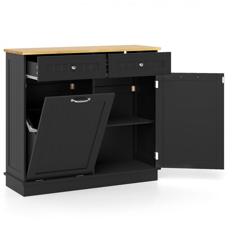Black kitchen tilt-out trash cabinet with two drawers and adjustable shelf for organized storage and waste concealment.