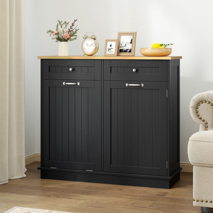 Black kitchen tilt-out trash cabinet with two drawers and adjustable shelf, ideal for concealed waste storage and.