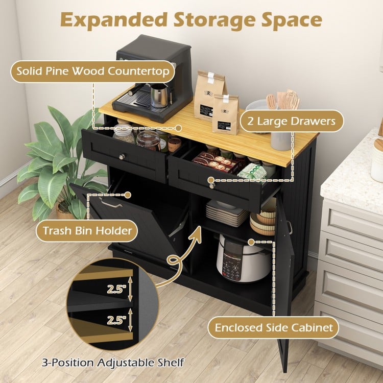 Kitchen tilt-out trash cabinet in black with solid pine wood countertop, two drawers, and adjustable shelf for.