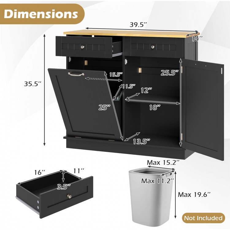 Kitchen tilt-out trash cabinet in black with two drawers, adjustable shelf, and dimensions for easy organization and.