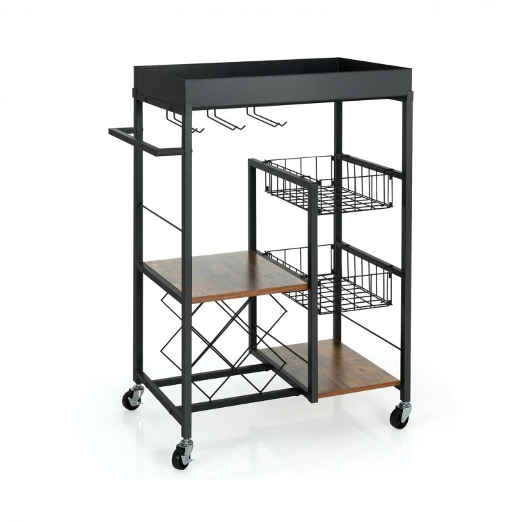 Kitchen island cart on wheels featuring a removable top, wine rack, and two mesh baskets for versatile storage.
