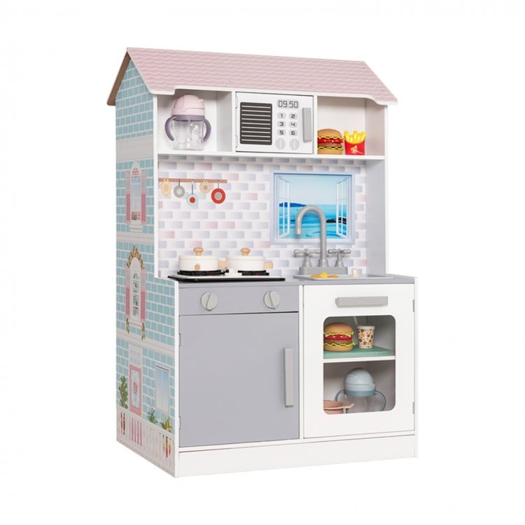 Kids 2-in-1 kitchen playset and dollhouse featuring realistic stove lights, sounds, and cute furniture for imaginative.