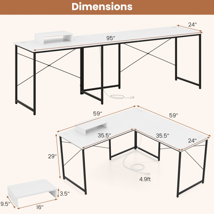 L-shaped computer desk in white with power outlets, measuring 95"x24" for ample workspace and tangle-free organization.
