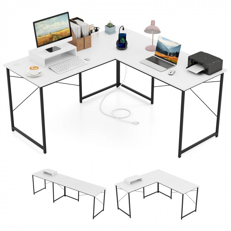L-shaped computer desk in white with power outlets, monitor shelf, and ample workspace for gaming and writing.