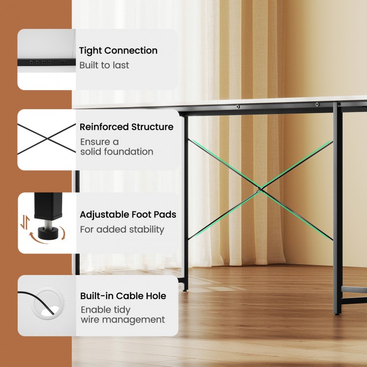 L-shaped computer desk with power outlets, adjustable foot pads, and monitor shelf for versatile workspace solutions.