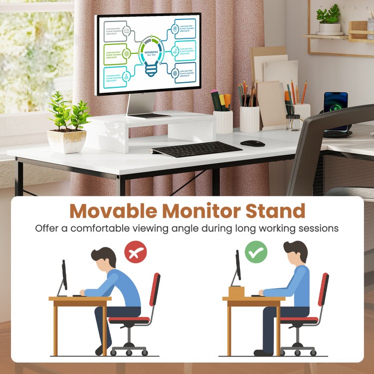 L-shaped computer desk with monitor shelf, power outlets, and cable management for a tidy workspace.