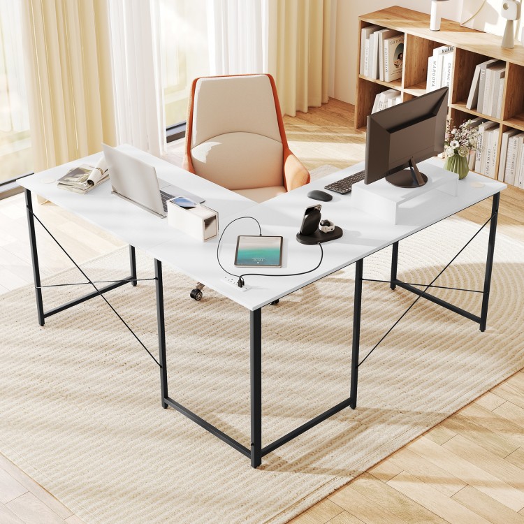 L-shaped computer desk with movable monitor shelf, power outlets, and two cable holes for organized workspace.
