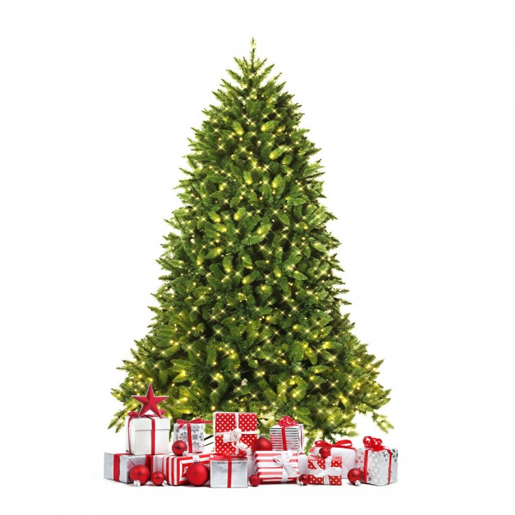 Premium 5 ft hinged artificial fir Christmas tree with LED lights and presents, perfect for festive home decoration.
