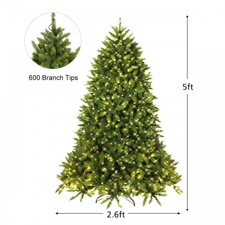 5 ft Premium Hinged Artificial Fir Christmas Tree with 600 branch tips and LED lights, ideal for holiday decoration.