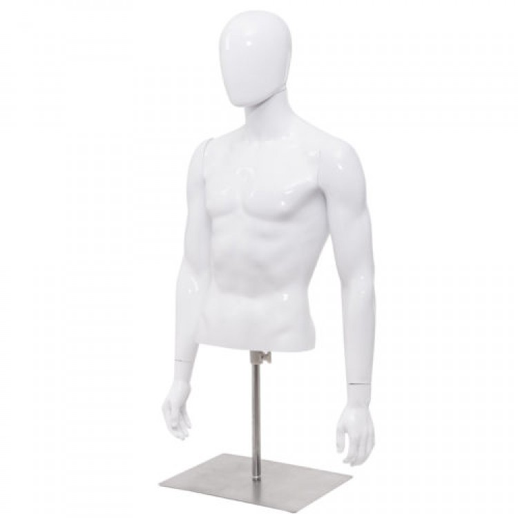 Half body male mannequin with adjustable metal base, perfect for displaying T-shirts and jackets in retail settings.
