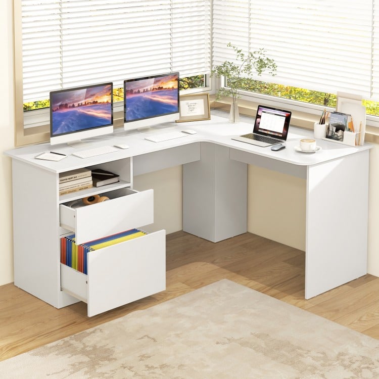L-shaped white computer desk featuring a spacious top, letter file drawer, and efficient cable management for organized.