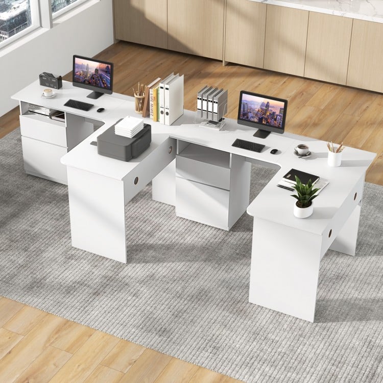 L-shaped white computer desk with spacious desktop, file drawer, and cable management for efficient workspace.