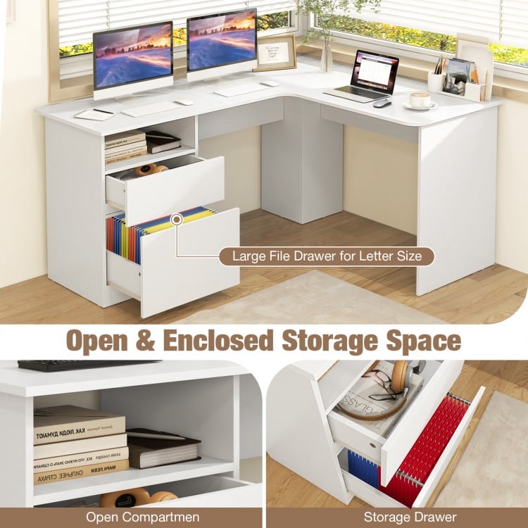 L-shaped computer desk in white featuring a letter file drawer, open compartment, and spacious desktop for efficient.