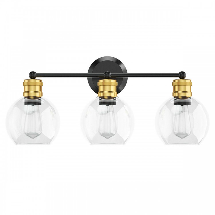 Modern 3-light bubbled glass vanity light featuring a close-up of the clear globes and golden lamp sockets, perfect for.