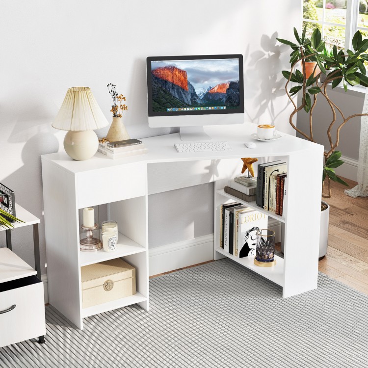 L-shaped white computer desk with storage shelves and drawer, ideal for workspace, gaming, or study use.