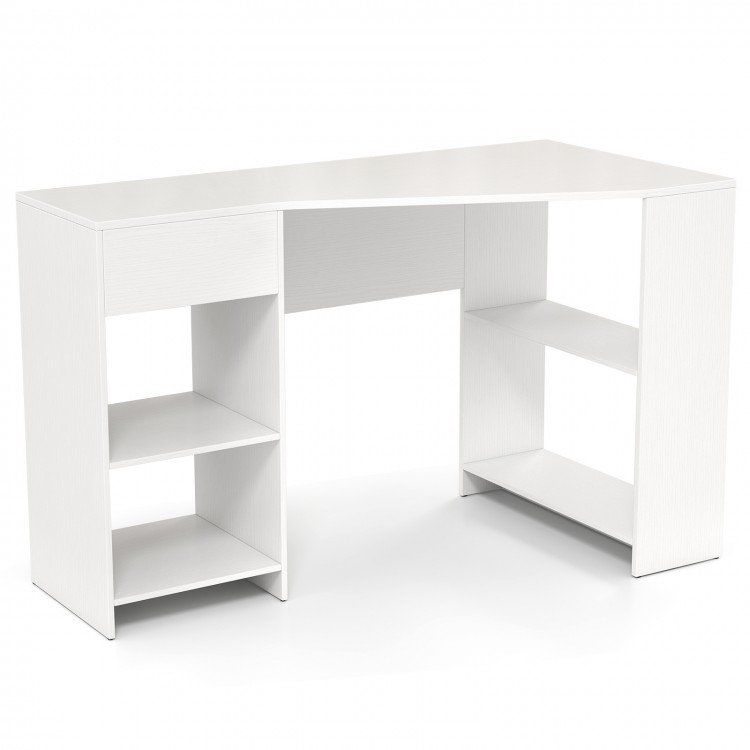 L-shaped white computer desk with drawer and shelves, ideal for workspace organization and saving space.